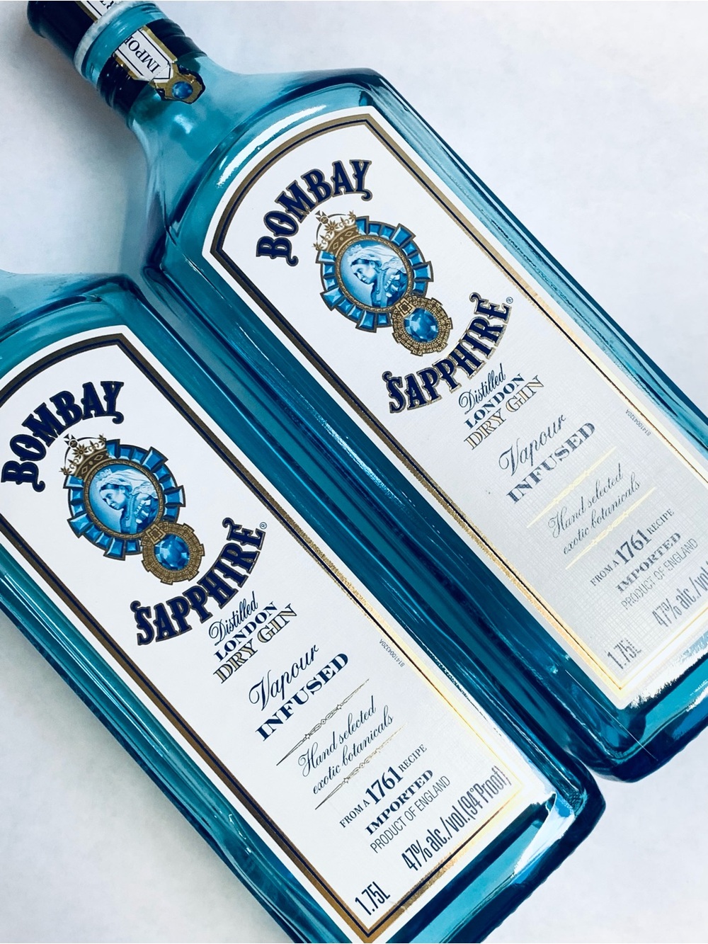 2 Bombay Sapphire London Dry Gin EMPTY Bottle w Cap 1.75L Craft Blue Glass Prop